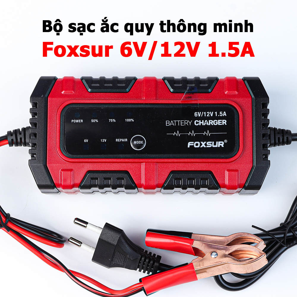 Sạc Bình Ắc Quy FOXSUR 1.5A 6V 12V 4Ah - 30Ah Tự Ngắt Khi Đầy Phục Hồi Ắc Quy Khử Sunfat Chống Ngược Cực