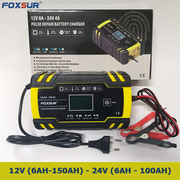 Bộ sạc bình ắc quy 12V 8A 24V 4A 6Ah - 150Ah tự ngắt khi đầy chức năng bảo dưỡng phục hồi ắc quy bằng khử sunfat