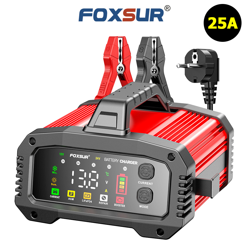 Bộ sạc ắc quy công suất lớn FOXSUR 25A 12V 24V sạc ô tô tàu thuyền xe điện Booster Mode