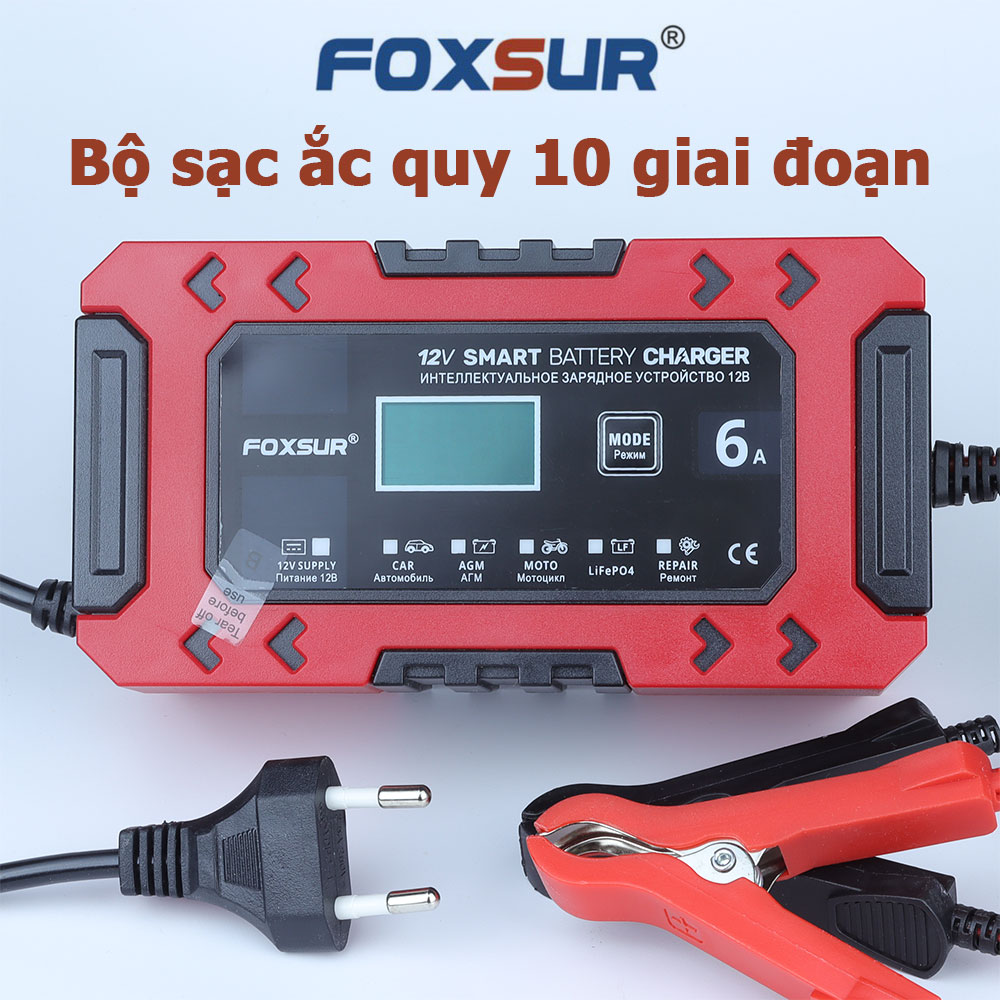 Bộ sạc ắc quy thông minh FOXSUR 12V 6F 10 giai đoạn 4AH - 120AH khử sunfat và tự động ngắt